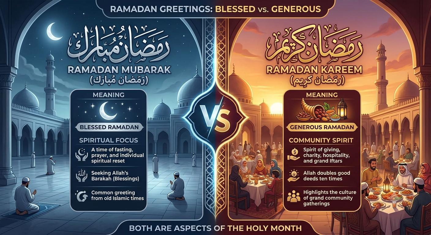 Ramadan Mubarak vs Ramadan Kareem: discover the meaning, differences, and proper use of these common Ramadan greetings, plus when to say each one. Ramadan Mubarak vs Ramadan Kareem